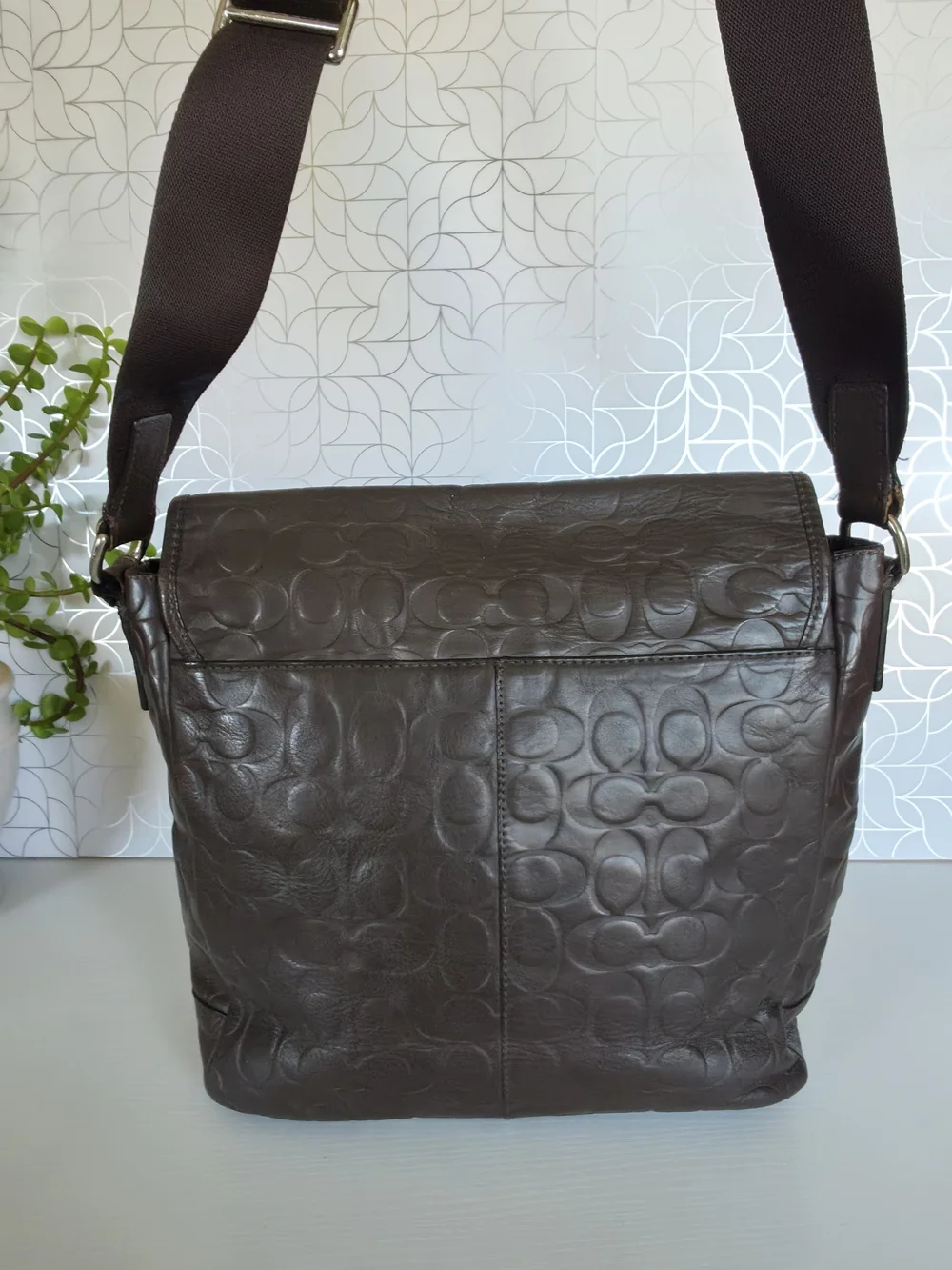 Coach Embossed Signature Messenger Bag - Dark Brown